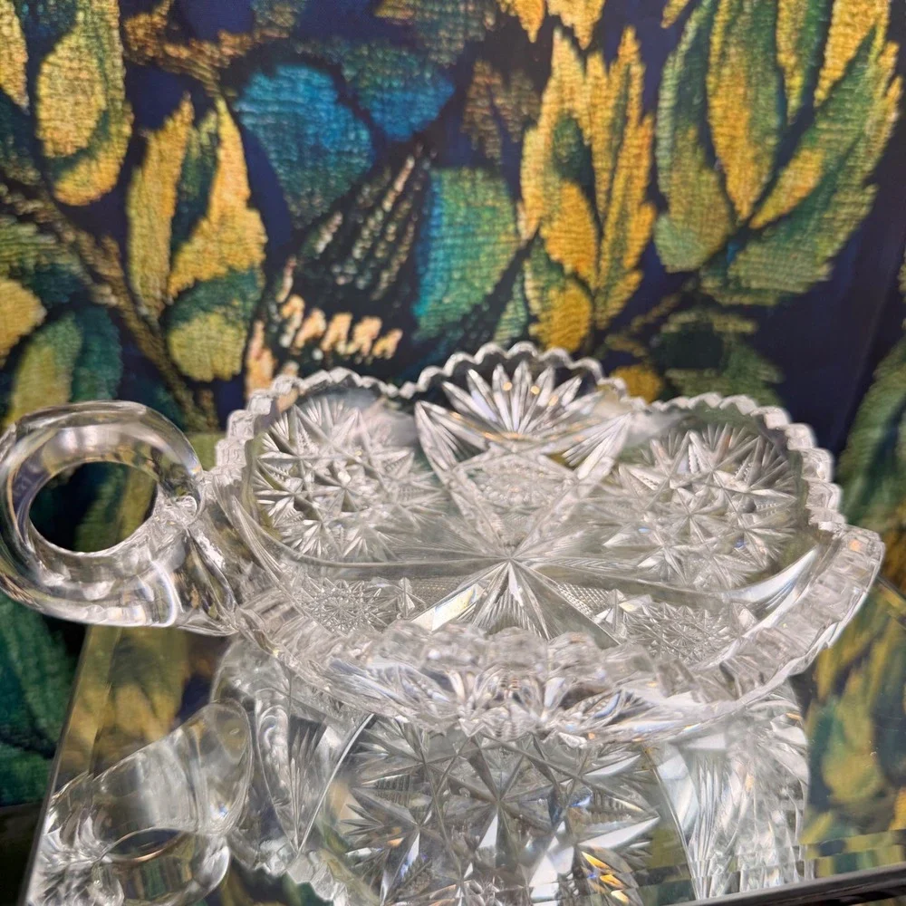 Antique American Brilliant Period Cut Glass Nappy Dish Star Pattern Sawtooth Rim